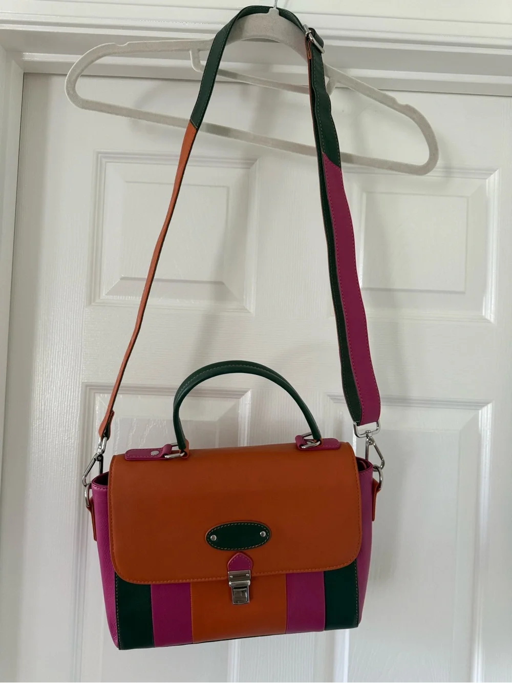 Italian made Colorblock Leather Satchel in Orange, Pink & Green